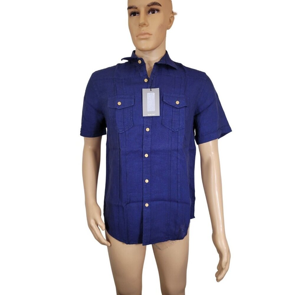Murano Men's Shirt Size M Short Sleeves Front Pockets Blue Linen  31